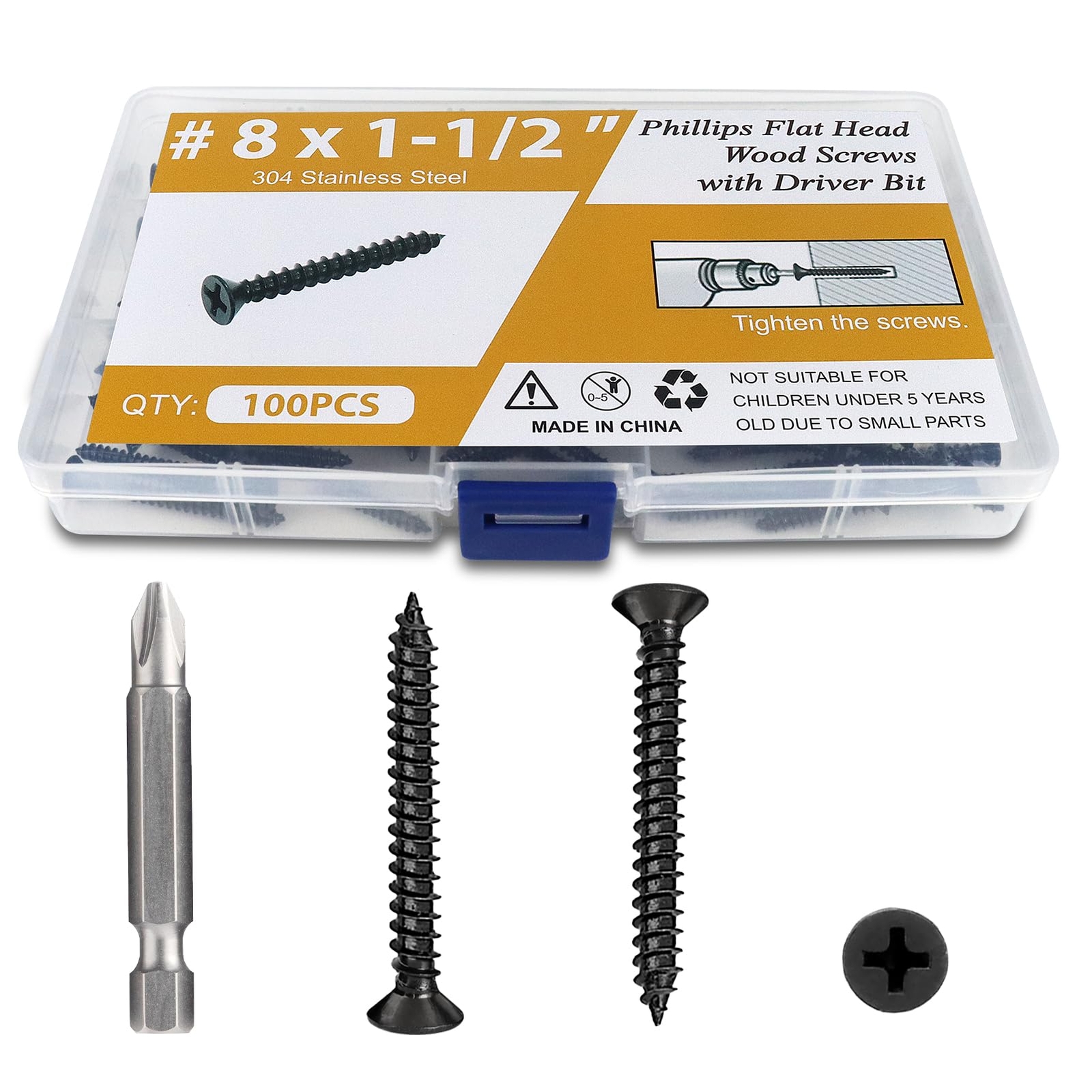 100PCS #8 x 1-1/2 Black Wood Screws Self Tapping Flat Head Phillips