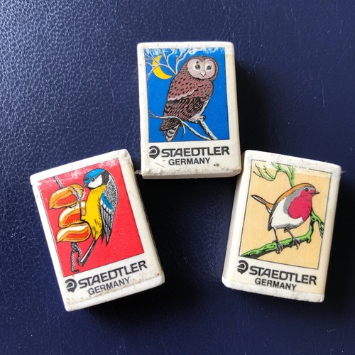 Vintage Set of 3 STAEDTLER ERASERS Birds 70's Rubber Gommes ROBIN OWL BIRD R575 - Picture 4 of 4