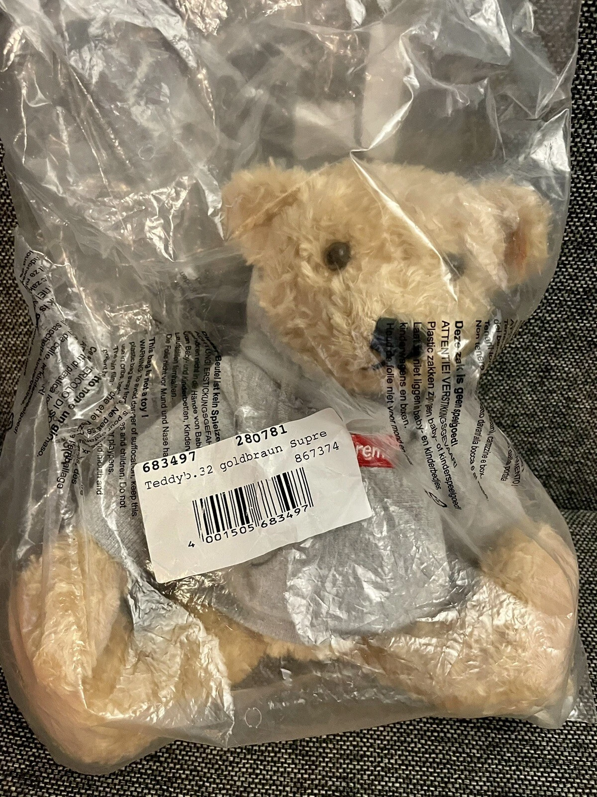 Felpa con cappuccio Supreme Steiff Bear grigio heather logo scatola rosso FW18 nuova