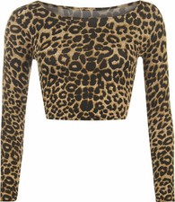 Womens Long Sleeve Crop Top Scoop Neck Short T Shirt Ladies Plain Printed Top