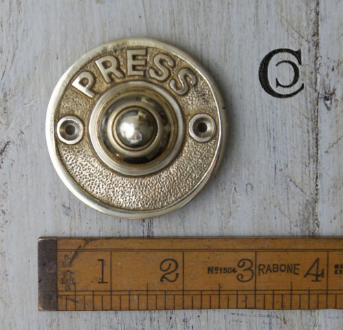 Vintage Door Bell Push Button 'Press' Round Aged Brass 60mm Diameter - Picture 2 of 2
