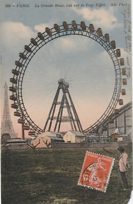 Old postcard Paris the Ferris Wheel View of the Eiffel Tower