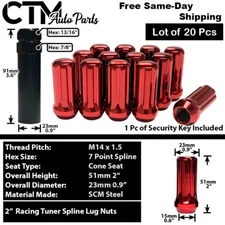 20x 2" Red M14x1.5 Spline Tuner Performance Lug Nuts Fit Dodge Chrysler Jeep Ram