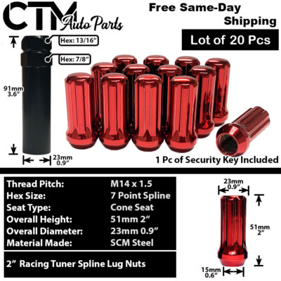 20x 2'' Red M14x1.5 Spline Tuner Performance Lug Nuts Fit Dodge Chrysler Jeep Ram