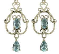 E040 Genuine 9K or 18K Gold Natural Aquamarine Drop Filigree Chandelier Earrings