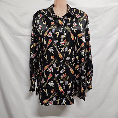 Notations Festive Top Button Up Shirt Women Size L Satin Black