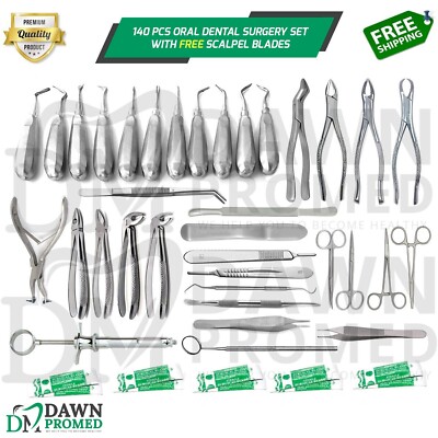 140 Pcs Oral Dental Surgery Extracting Elevator Forceps & Blade Set German Grade