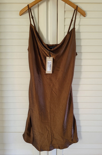 Nasty Gal Satin Slip Dress Size 12 Mini Silky Cowl Neck Strappy Chocolate BNWT - Picture 4 of 16