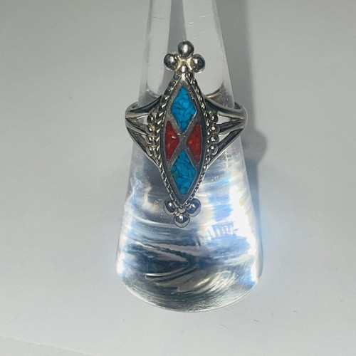 Southwestern Ring Silver Tone Faux Turquoise Coral Inlay Blue Red Size 6.25 - Picture 2 of 15