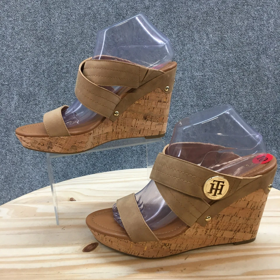 Sandálias femininas Tommy Hilfiger 10 M Myha tiras marrom couro sintético cunha cortiça - Imagem 2 de 4
