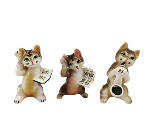 Vintage 3 X Cat Band Orchestra Ceramic Figurines Japan Plastic Wiskers - Picture 1 of 12