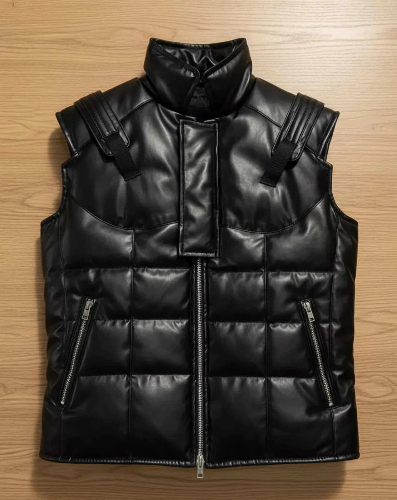 Men’s Black Leather Tactical Puffer Vest – Quilted Biker Sleeveless Jacket