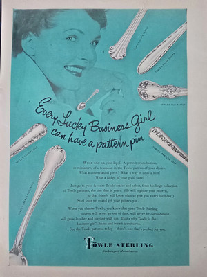 1952 Towle Sterling Silver Plumes Flutes Candlelight  Rambler Rose Ad