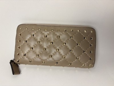 Authentic Valentino tan Leather Rockstud Continental Zip Wallet