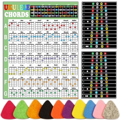 Ukulele Beginner Kit with Chord Chart, Fretboard Stickers, Picks - Black & White