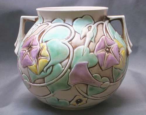 Roseville 1935 2 Handled "Morning Glory" White # 269-6" W/ Metal Frog Insert