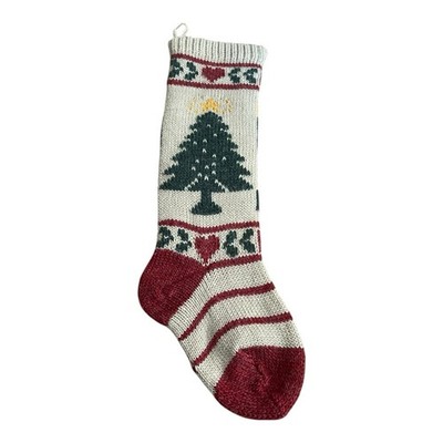 Vintage Russ Berrie Knit Christmas Stocking Fair Isle Tree Tan Red 19 