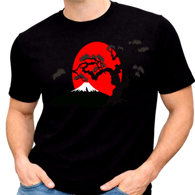 Japanischer Bonsai Baum Mount Fuji T-Shirt Rot Sonne Tee Japan Kunst Zen Natur Vintage