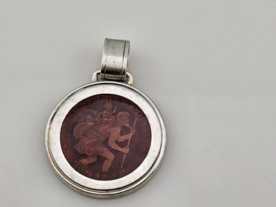 St Christopher Brown Enamel 925 Sterling Silver Medal Pendant 36mm
