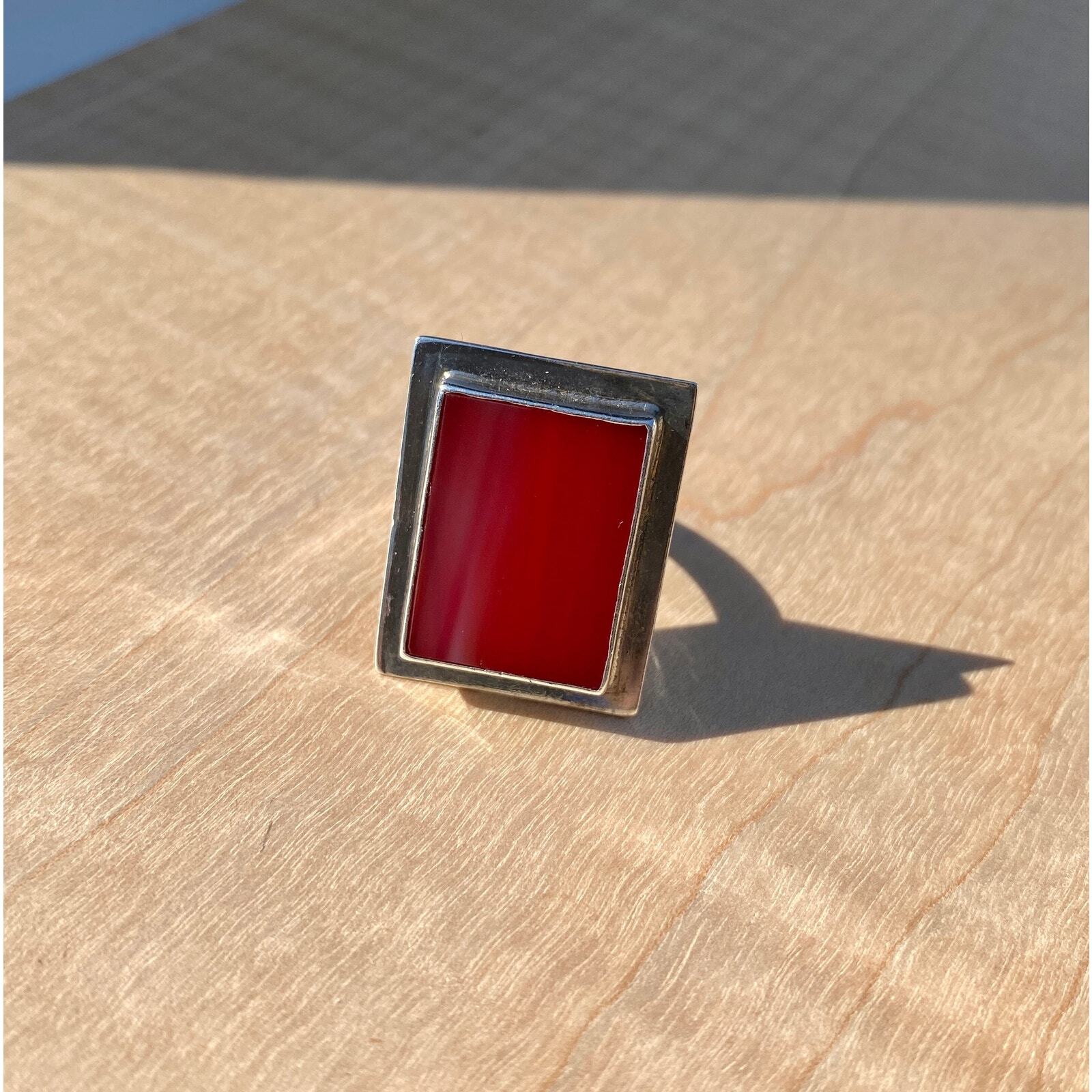 Sterling Silver Rectangular red Agate Ring, Modern - image 1