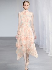 Womens Summer Stand Collar Sleeveless Floral Print Large Swing Irregular Dress 