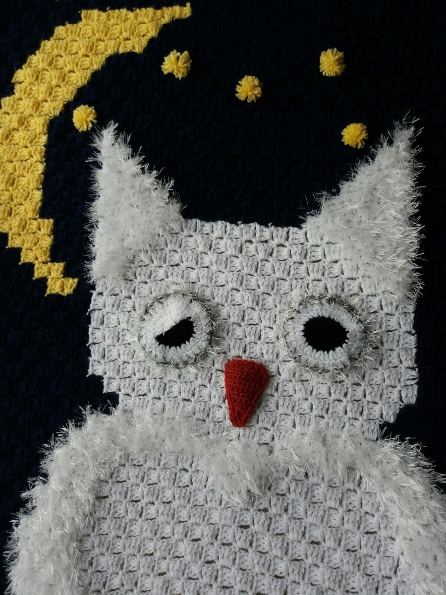 STROLLER OWL BABY PIXELL CROCHET C2C BLANKET 78cmx92cm UK