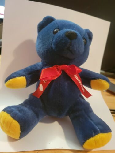 BEARS BY PRECISE SALVATION ARMY BEANBAG TEDDY BLUE HUG ME RED RIBBON 8"  - Picture 1 of 3