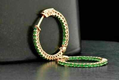 2Ct Round Lab-Created Green Emerald Hoop Earrings Women's 14k Yellow Gold Plated
