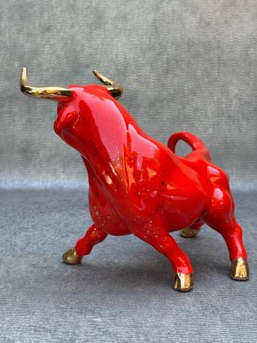 RED PORCELAIN MATADOR BULL STATUE FIGURINE GOLD LEAF GILDING MCM 12" L 8 1/2" H - Picture 5 of 12