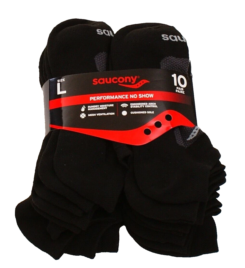 Saucony Men's L 9-12 Black No Show Performance Socks 10 Pairs in Package