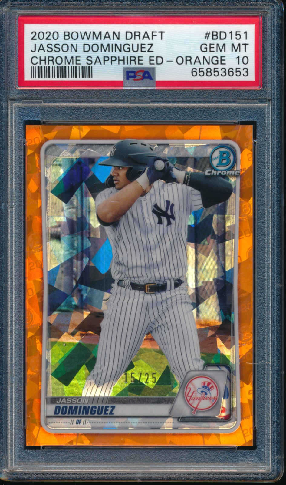 PSA 10 JASSON DOMINGUEZ 2020 Bowman Chrome SAPPHIRE ORANGE REFRACTOR/25 GEM MINT