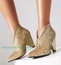 Gold Sequin Cone Heel Ankle Boots Womens Pointed Toe Chelsea Boots Slip on Shoes