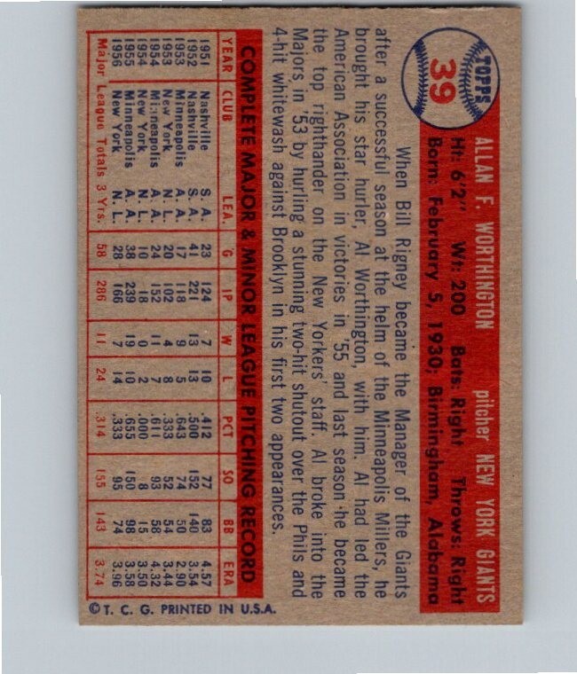 1957 TOPPS BASEBALL 39 AL WORTHINGTON NRMT OF eBay