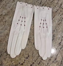 New Vtg Women Size S 6 3/4 Off-White Pink Flower Leather Formal Short Gloves