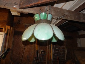 vintage green "lotus" or "tulip" style slag glass hanging pendant lamp