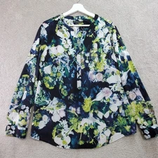 Adrianna Papell 1X Floral Print Button Front V Neck Long Sleeve Blouse Top