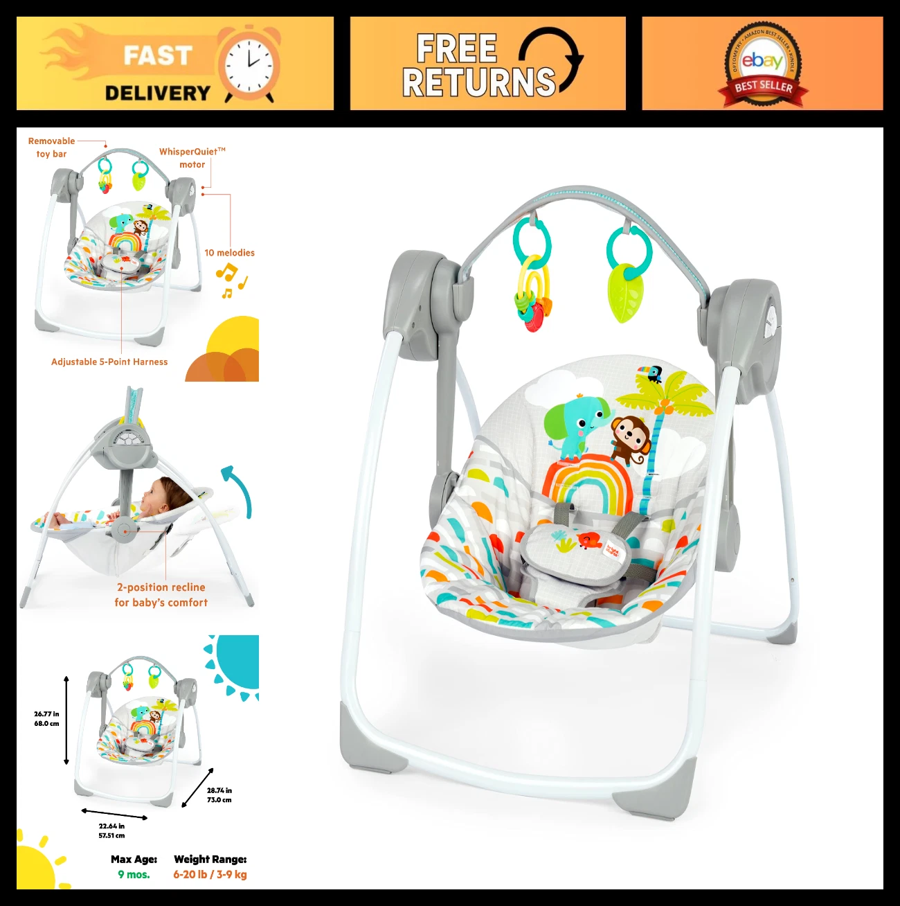 Portable Baby Swing with Music - Compact Automatic Design for Newborns, Unisex
Opens in a new window