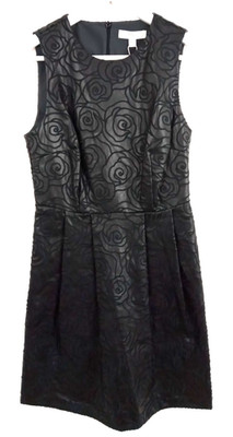 M&S Women's Floral Embossed Shift Dress Size 8 REG Black Faux Leather Pleats NEW