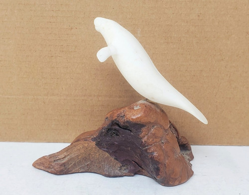 John Perry Manatee Sculpture - Burl Wood Base - Vintage - Matte White Pellucida