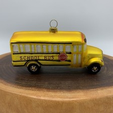 Handmade Blown Glass Painted School Bus Christmas Ornament 4-1/2  Vintage