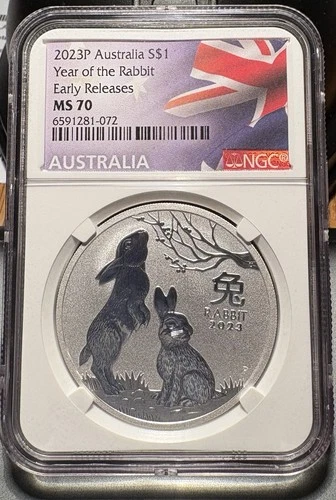 2023 Australia 1oz Silver Lunar Rabbit NGC MS70 Flag -Early Releases SKN 1072
