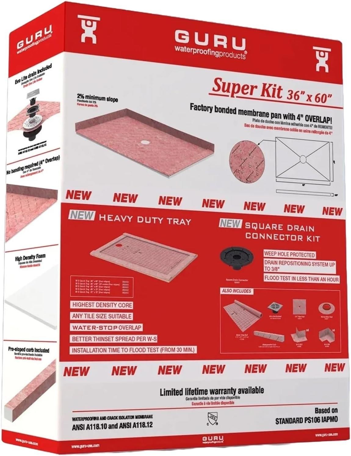 GURU USA Presloped Shower System -PVC/36" x 60"/Without Drain / Center Placement