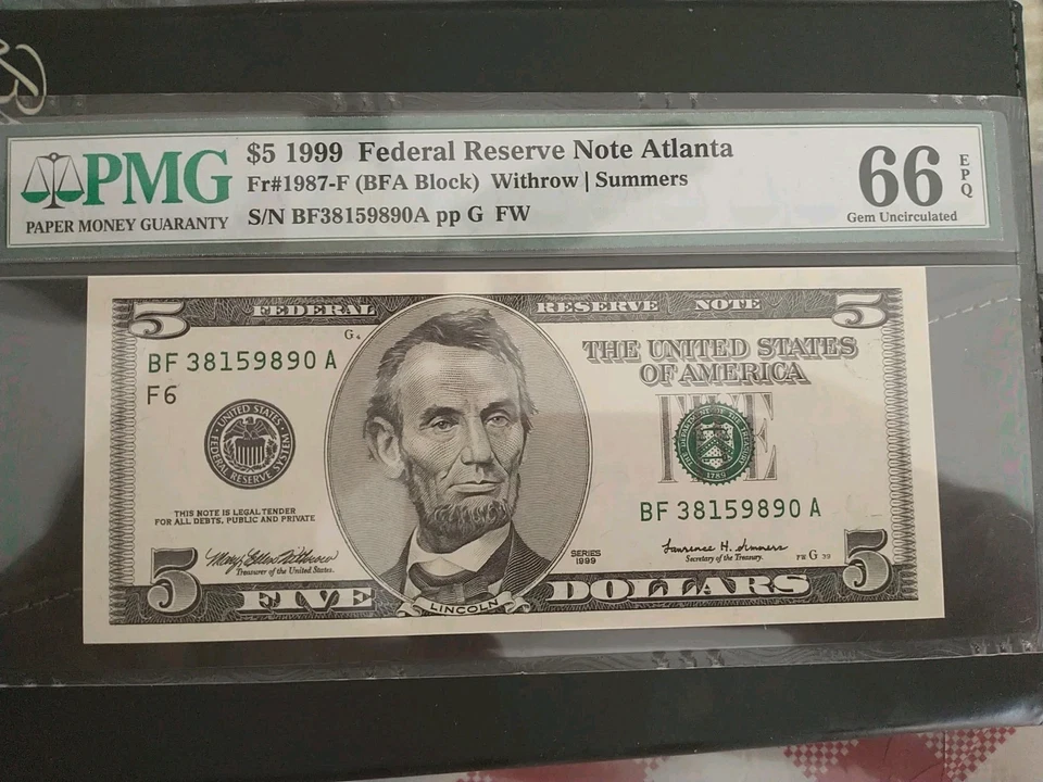 1999 $5 Federal Reserve Note PMG 66EPQ Gem Uncirculated. Atlanta #BF38159890A - Image 2 of 4