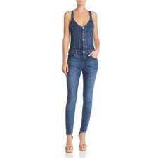 Guess Los Angeles Denim Jumpsuit Size S Button Front V-Neck Overalls Skinny Leg