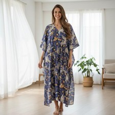 Indian Vintage 100% Cotton Women Maxi Kaftan Dress, Night Wear Casual Kimono