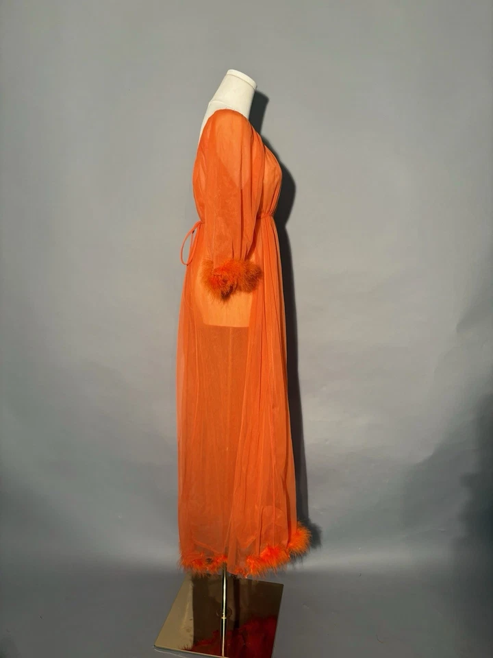 Bata de encaje vintage naranja Peignoir transparente años 60 dañada manga abullonada pequeña Foto 3 de 4