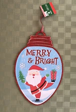 Merry & Bright Santa Christmas Sign Door Hanging Decoration 8.5" x 12" NEW
