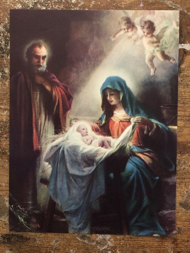 Vintage ART PRINT Litho Calendar RELIGIOUS HOLY NIGHT Baby Jesus Angel Mary #192