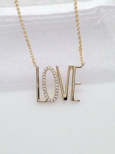 925 Sterling Silver Cz Gold LOVE Pendant Necklace Written Word 16mm 17.25" - Picture 4 of 10