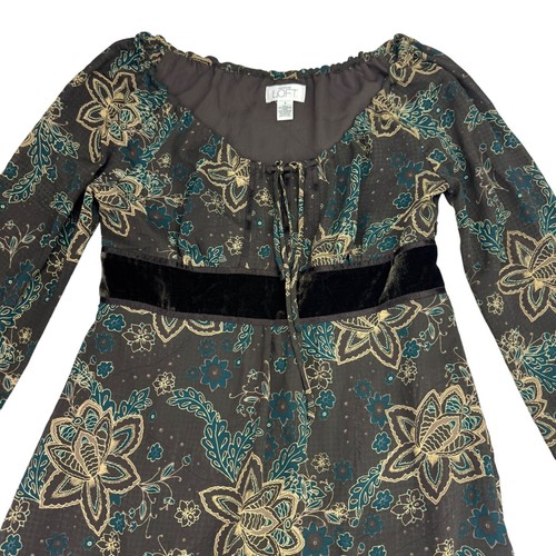 Y2K Green Floral Velvet Trim Peasant Fairycore Fairy Goth Midi Dress Women's sz6 - Picture 2 of 11